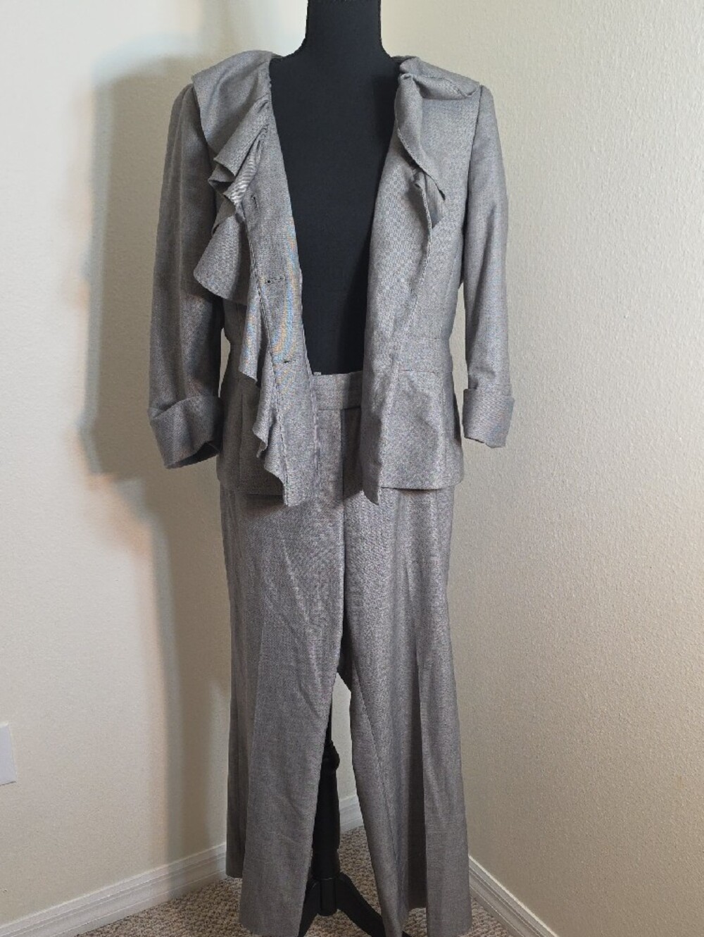 Anne Klein Gray Ruffle-Front Pantsuit - Picture 2 of 5